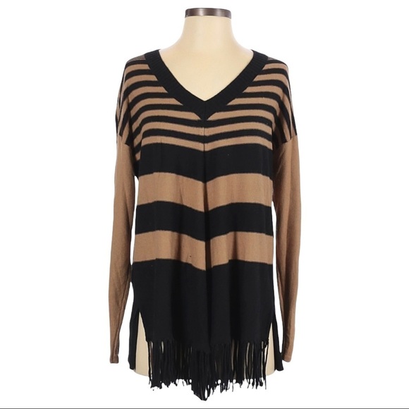 Jamison V-Neck Stripe Fringe Boho Angora Cashmere Pullover Sweater Size S - Picture 1 of 9